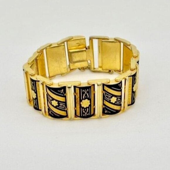 Vintage Damascene Links Bracelet Gold-Tone Metal with Etched Black Floral Motif~ - Picture 2 of 8